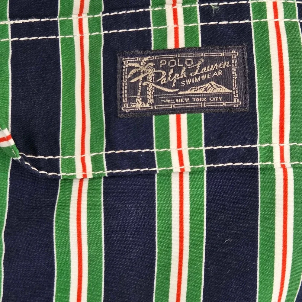 Polo Ralph Lauren Men Swim Trunks XL Navy Blue Green Red Striped Mesh Lined Pony